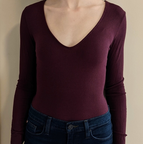 New, Forever 21 Maroon V-Neck Bodysuit With Lace up Back. Sz XSmall/Small - Picture 3 of 9